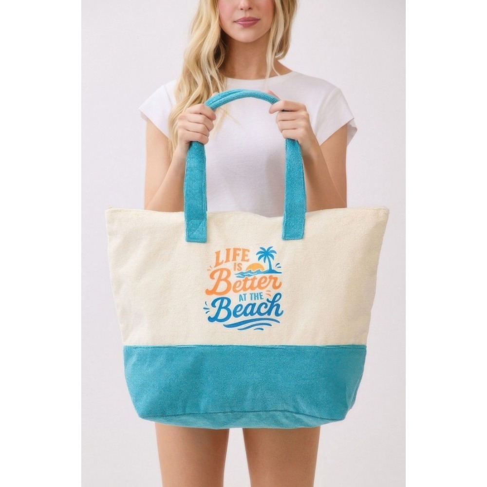 Womens Beach Tote Bag Canvas Blue‎ Trim Beach Graphic